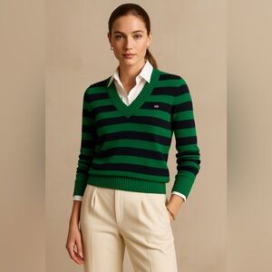 Y2K Polo Jeans Co. Ralph Lauren Rugby Stripe Green and Navy V Neck Sweater